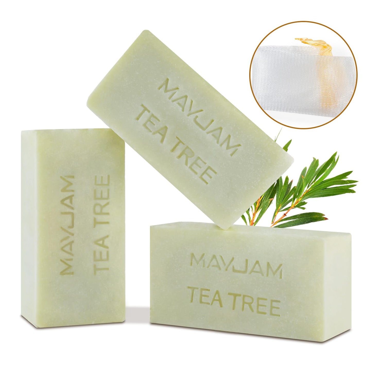 Tea Tree Oil Soap Bar, Natural Botanical Tea Tree Bar Soap with Vitamin E, Pure Plant Oil Bath Soap for Body Face Fights Acne, Tinea, Ringworm, Skin Itch Irritation and Prevents Breakouts (Pack of 3)