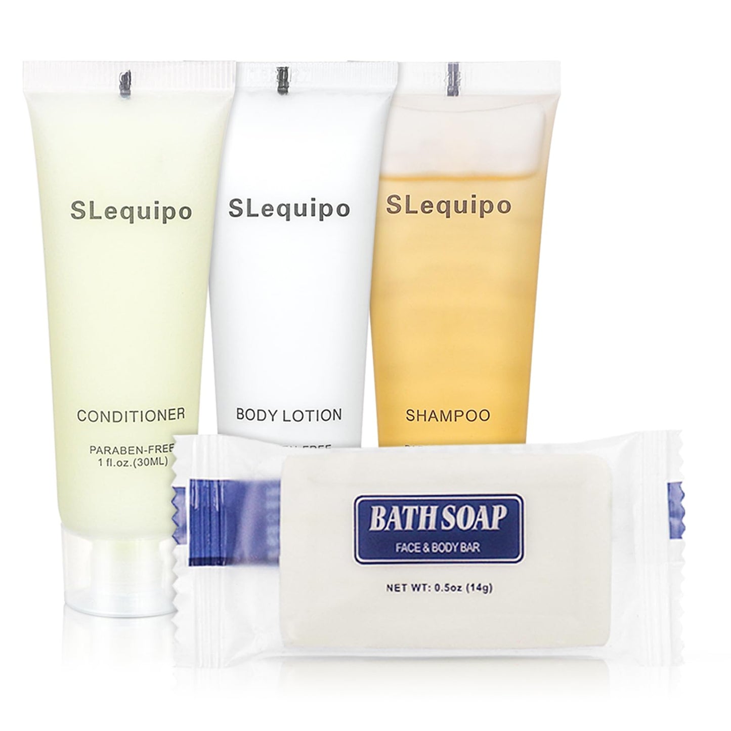 SLequipo 4-IN-1 Hotel Toiletries Bulk Set (100PCS) 4-Piece Set: 25 Hotel Bar Soap 0.5oz, 25 Hotel Shampoo, 25 Conditioner Travel Size, 25 Hotel Body Lotion - Bulk Mini Guest Amenities