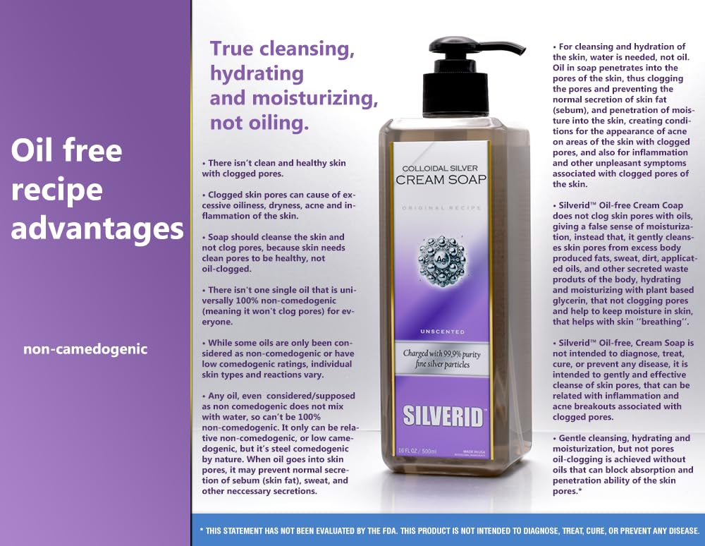 Colloidal Silver Soap, non-camedogenic, unscented, glycerin cream soap, body wash, hand soap, pore cleanser, paraben free, oil free, sulfate SLS free, Premium skin care (16FL OZ) Made in USA