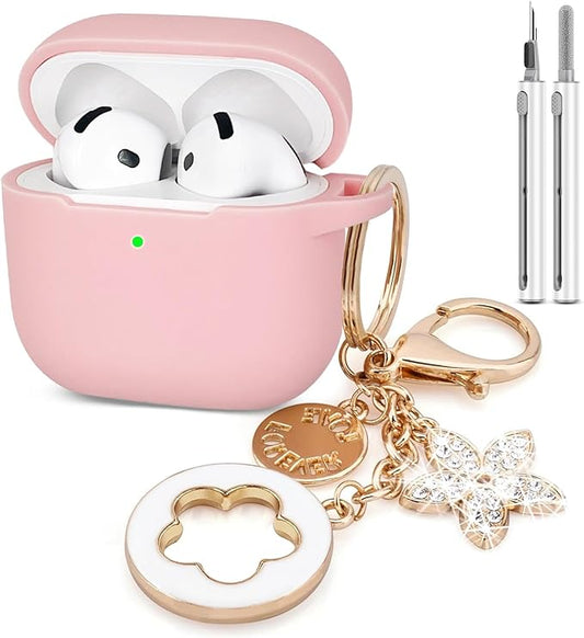 Airpods 4 Cases Silicone Protective Case for Airpod 4 with Bling Keychain for Apple AirPods 4th Generation Wireless Earbuds with Cleaner Kit (Pink)