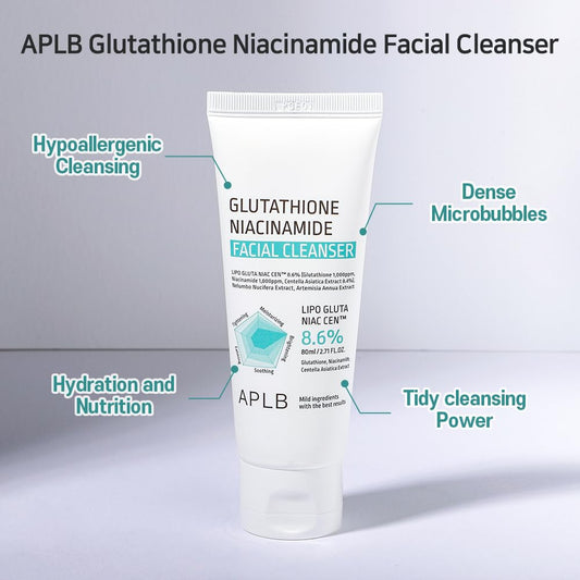 APLB Glutathione Niacinamide Facial Cleanser | LIPO GLUTA NIAC CEN™ 8.6% 2.71 FL.OZ/Korean Skincare, Cares for Tighten Pores & Sebum, Long lasting nourishment and deep moisture for soft skin