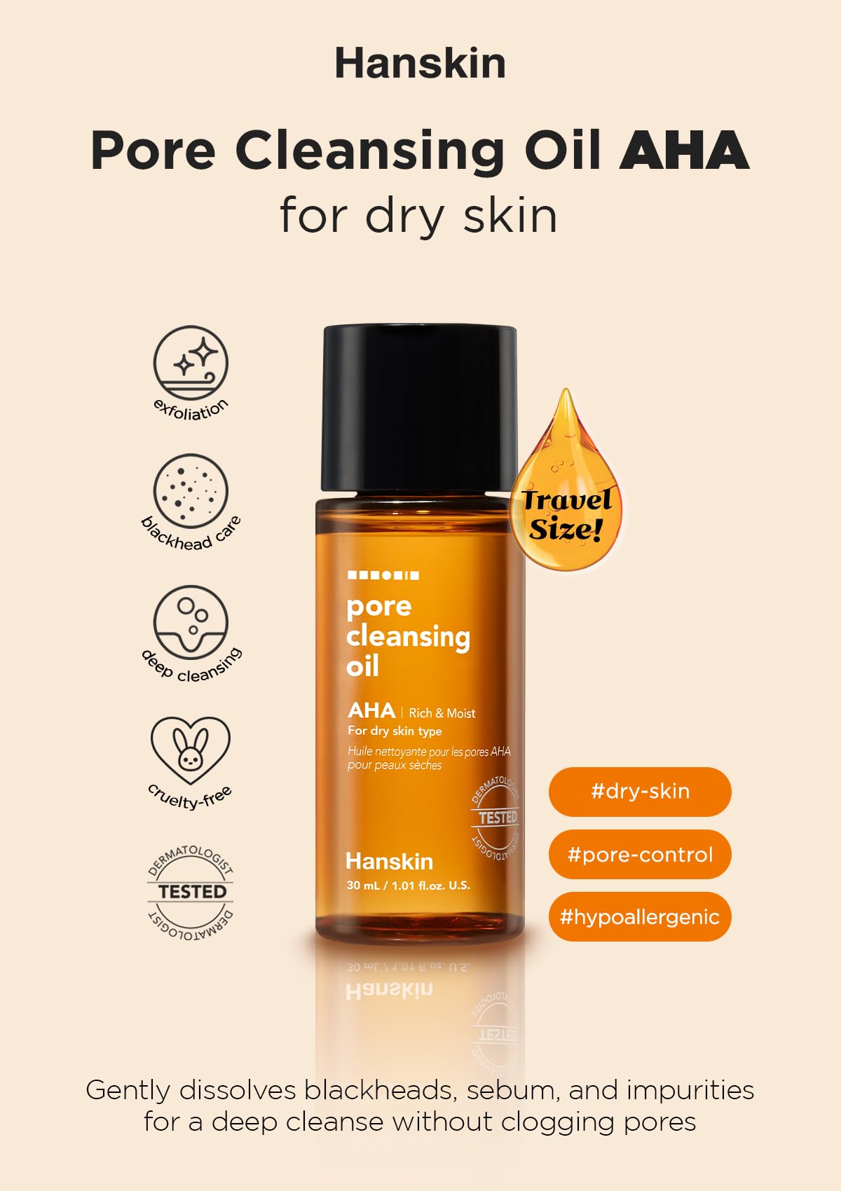 Hanskin Alpha Hydroxy Acid Pore Cleansing Oil, Sample Trial Mini Size, Exfoliating Makeup Remover Facial Cleanser Set, Moisturizing [30 ml/Pack of 3]