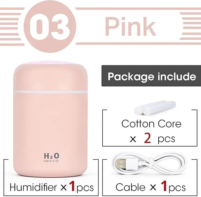 Portable Mini Humidifier, Colorful, Cool Mist, USB Powered. Perfect for Bedroom, Office & Car (300ml, Pink)