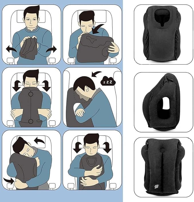 Inflatable Travel Pillow, Airplane Neck Pillow for Sleeping, Supports Head and Chin for Airplanes,Trains,Cars and Office Napping with 3D Eye Mask and Earplugs and Portable Drawstring Bag