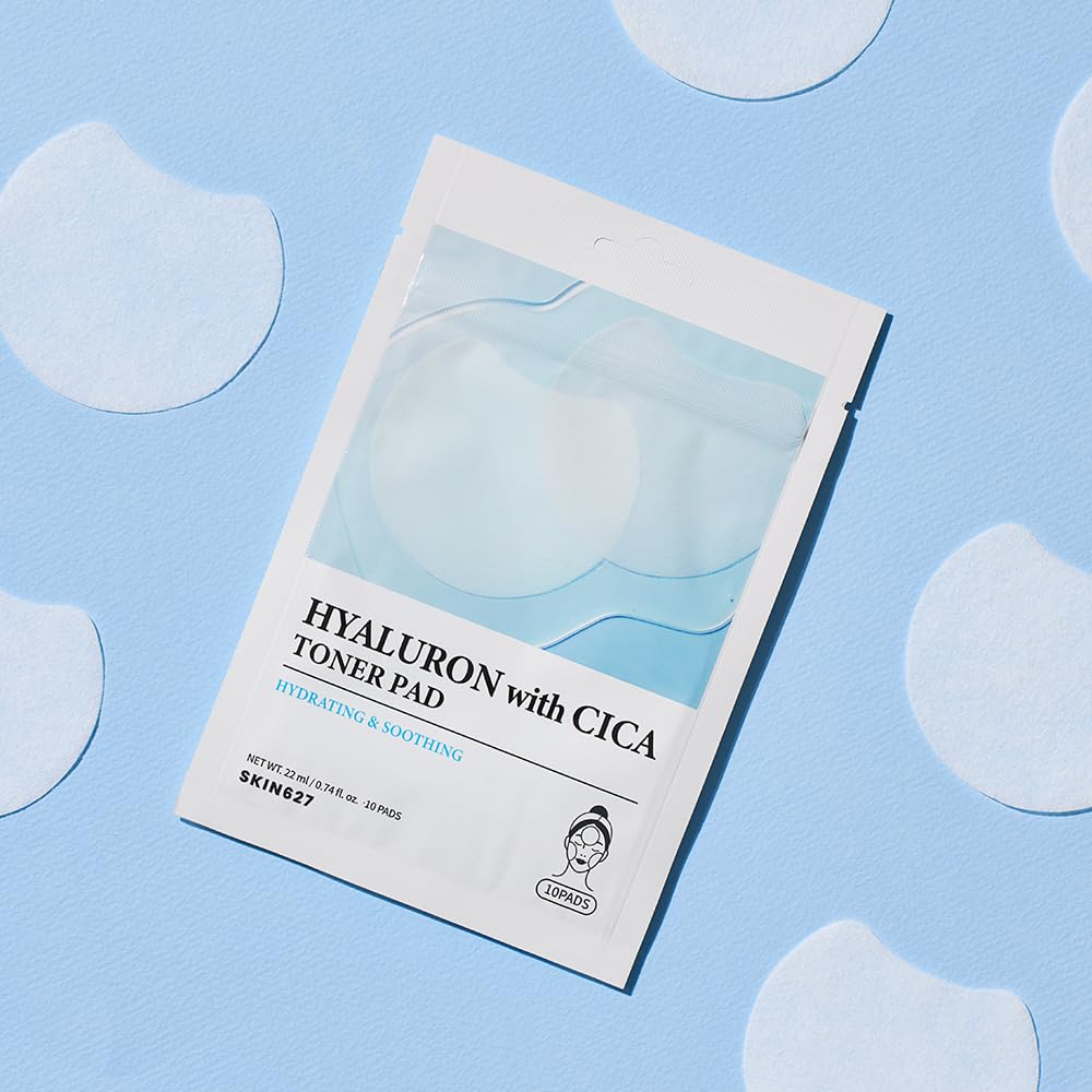 SKIN627 Hyaluron with Cica Toner Pad | Korean Facial Sheets with 6 Types of Hyaluronic Acid and Centella Asiatica | Deep Hydration and Soothing Care | 10 Pads x 3 Pack