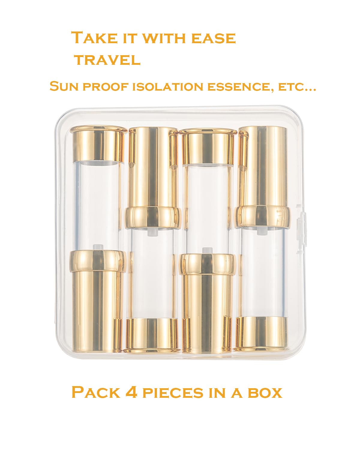 XQNCBY Gold 15ML Airless pump bottle Toiletries Travel Size containers mini makeup bottle Dispenser with Box Reusable empty cosmetic packaging bottles (0.5 oz/15 ml, 4 Packs)