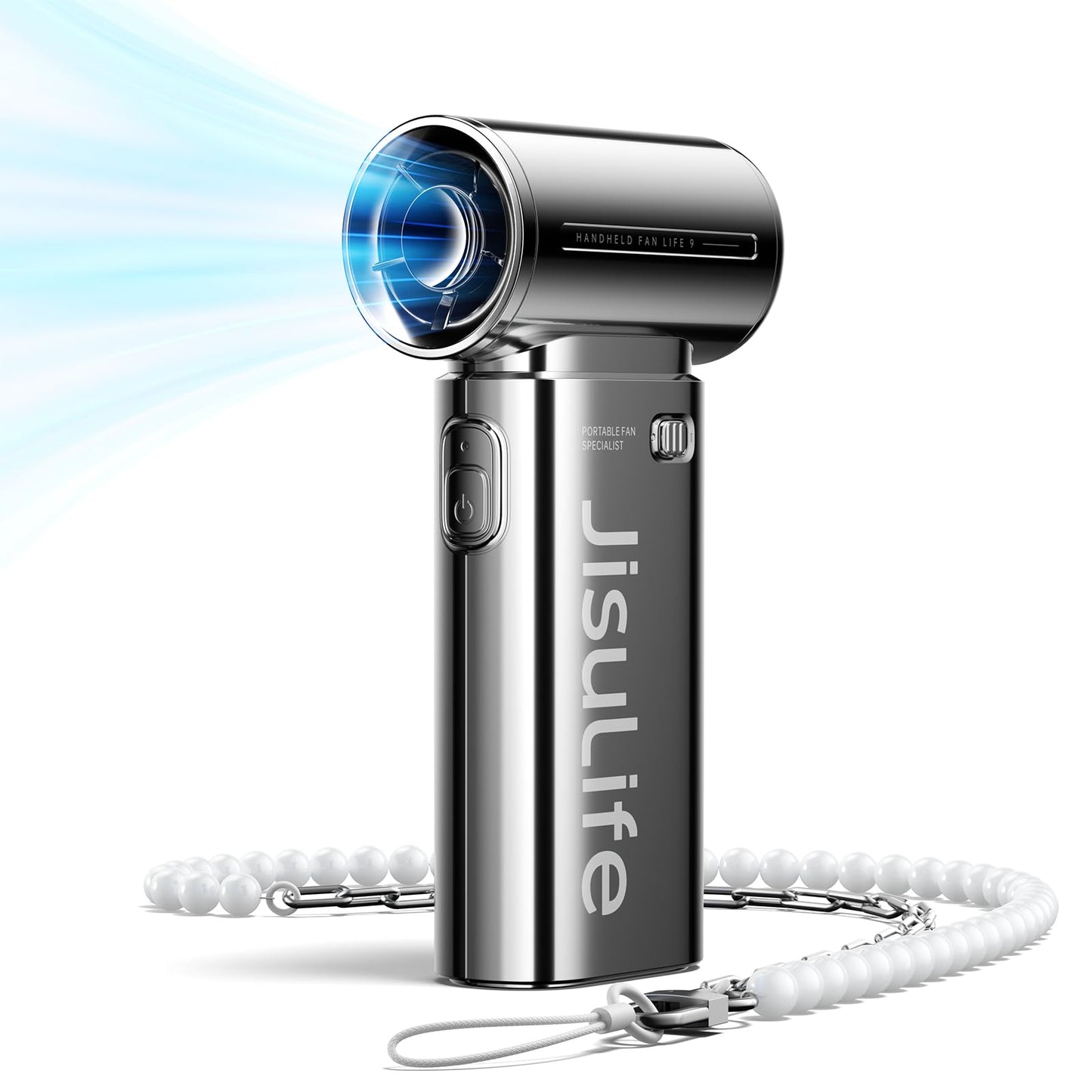 JISULIFE Portable Handheld Fan Life9, Turbo Power High Speed Air [18H Max Cooling Time], 5 Gear Wind, 5000mAh Rechargeable, Mini Pocket Design, Personal Fan for Travel Concerts Camping Makeup - Chrome