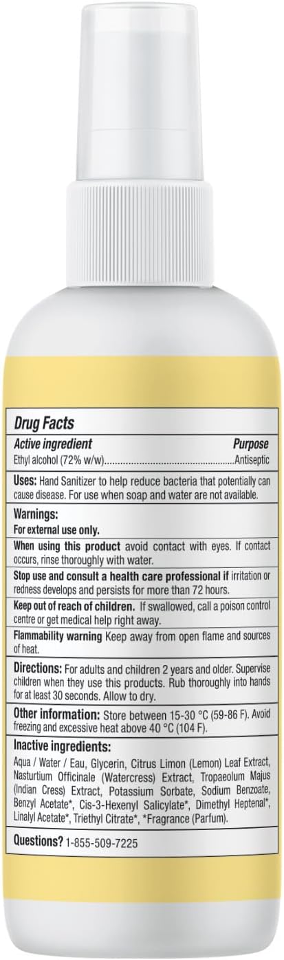 ATTITUDE Hand Sanitizer Spray for Adults and Kids, EWG Verified, Kills Bacteria and Germs, Vegan, Lemon Leaves, 3.38 Fl Oz (Spray Bottle) (Pack of 6)