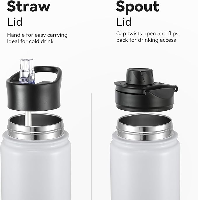 16 oz Insulated Water Bottle with Straw Lids, Stainless Steel Kids Water Bottles for School, Double Wall Vacuum Metal Water Bottle with Straw & Wide Mouth Lid, White 1 Pack