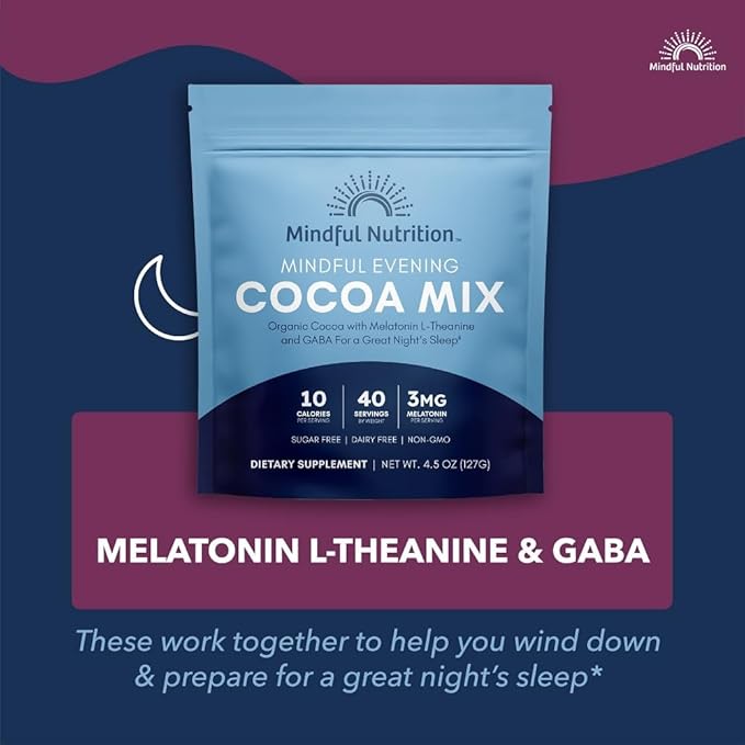 Mindful Evening Sugar Free Cocoa Mix Natural Sleep Aid, 40 Servings, Melatonin 3mg, L-Theanine, GABA Supplements, Natural Calm Sleep Support Stress Relief Calm Sleepy Cocoa Nighttime Hot Chocolate