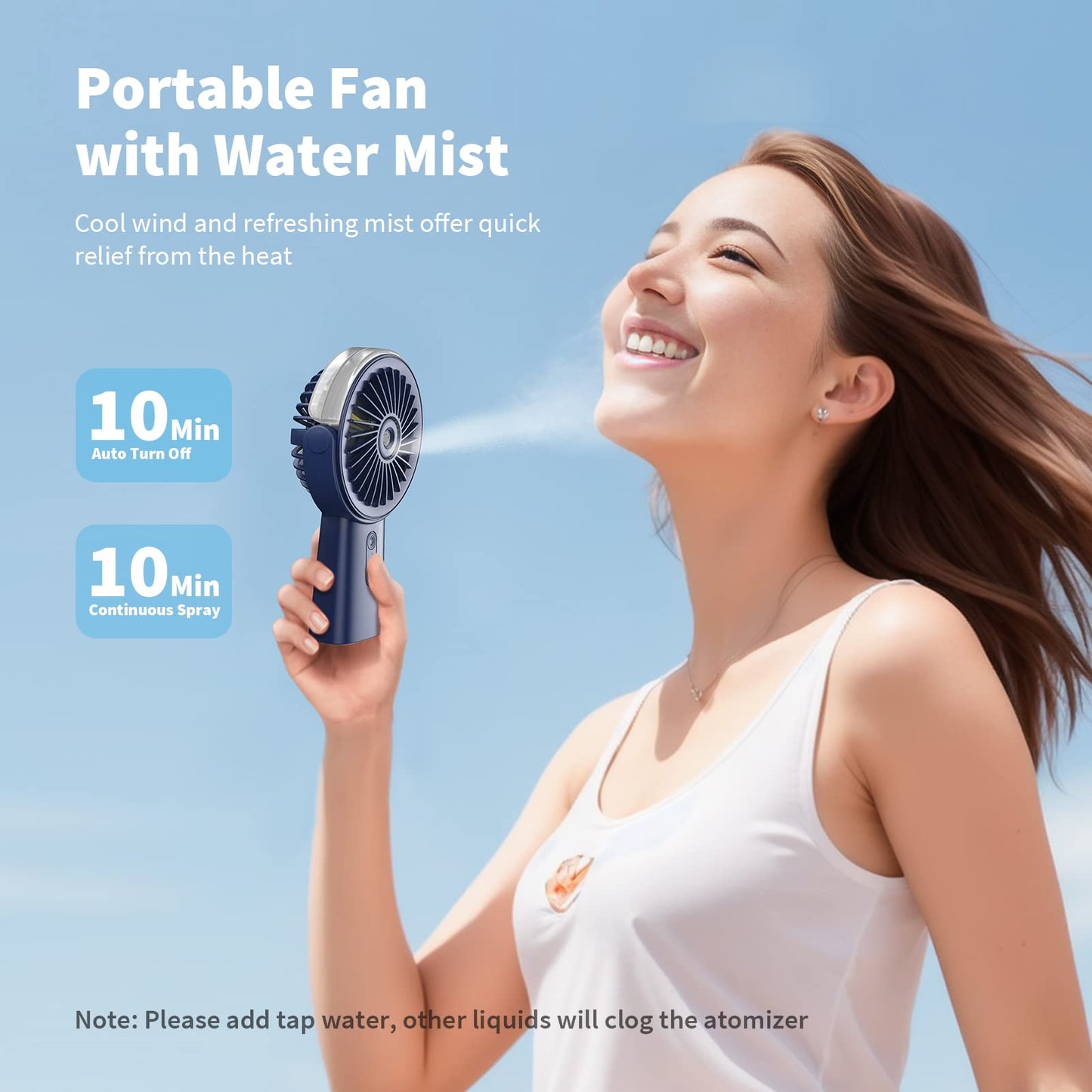 Otlonpe Rechargeable Handheld Portable Misting Fan, 4-15 Hrs Runtime, Small Personal Mist Portable Fan 4000mAh Battery Operated, Water Spray, 90° Rotatable, Power Bank, Hand Held Desk 2 IN 1 (Blue)