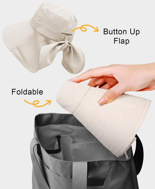 Sun Hats for Women UPF 50+ Uv Protection with Ponytail Hole，Beach Wide Brim Hats Fishing Hats，Gardening Hat for Neck Flap Beige