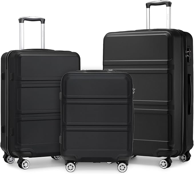 Kono 3 Piece Luggage Sets Expandable(only 28") Lightweight with Spinner Wheels TSA Lock Hardside Travel Rolling Suitcases 20in 24in 28in Carry on Black