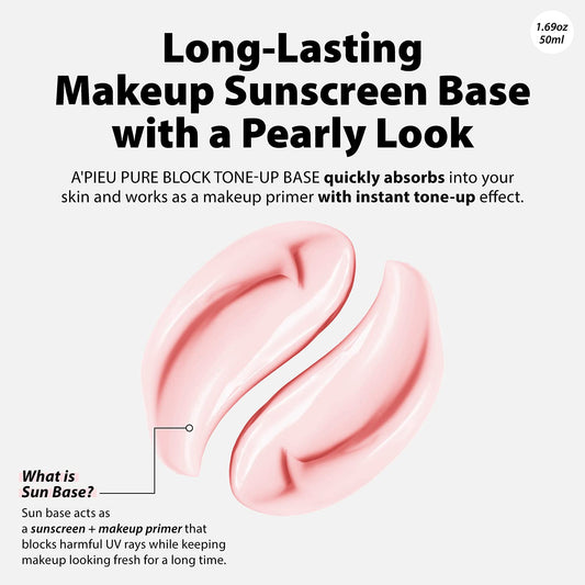 A'PIEU Pure Block Tone Up Sunscreen Base SPF50+/PA+++ 50ml | Tone-Up Reef Safe Korean Sunscreen for Makeup Base