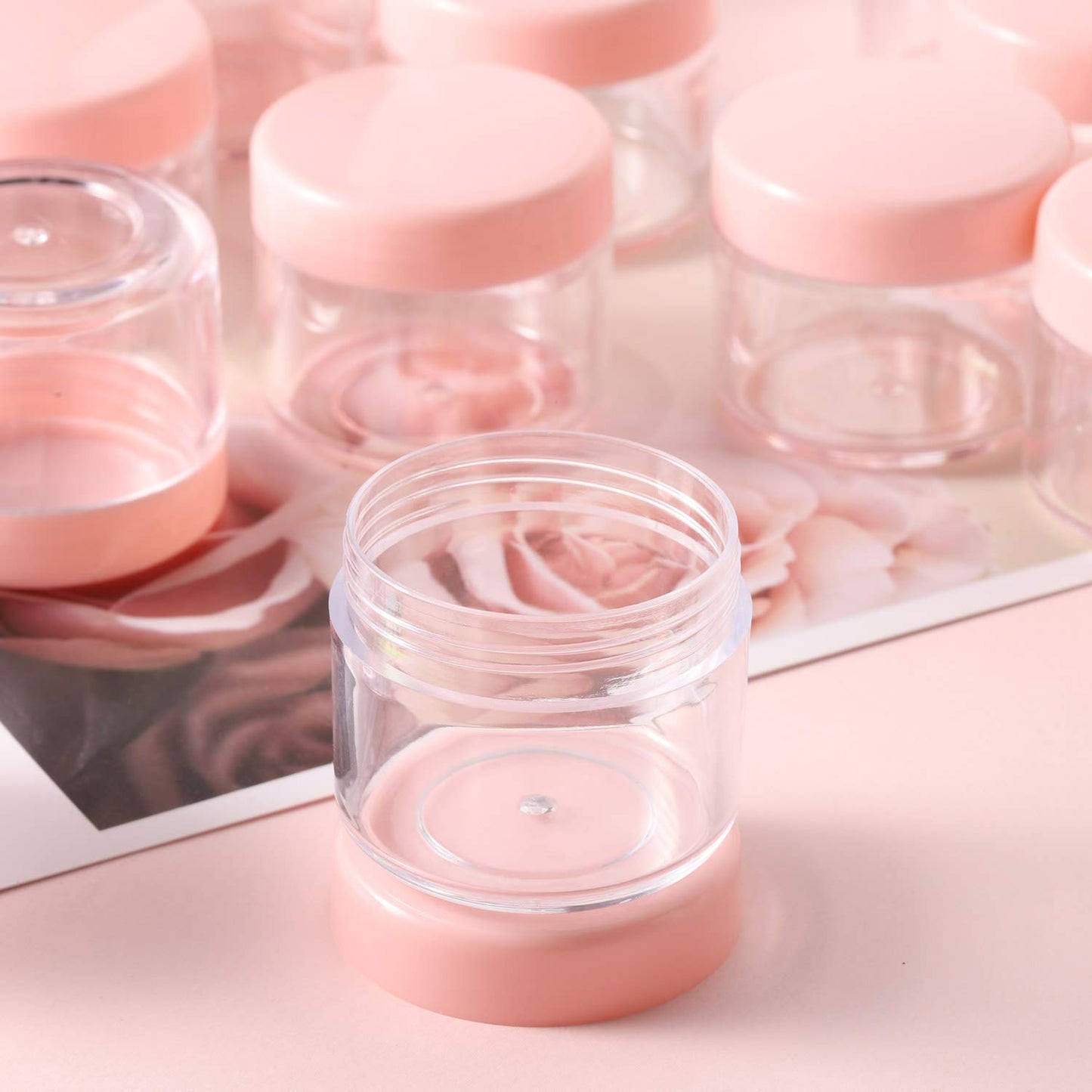Refillable Cosmetic Sample Jars - 100 Pack 20g (0.7oz) Pink Small Travel Containers with Lids + 10 Mini Makeup Spatulas - BPA Free