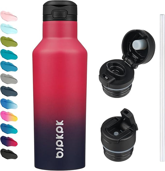 BJPKPK Insulated Water Bottle With Straw 17oz Stainless Steel Water Bottles With 2 Lids And Carry Handle Reusable Travel Metal Thermo,Charming Black Red