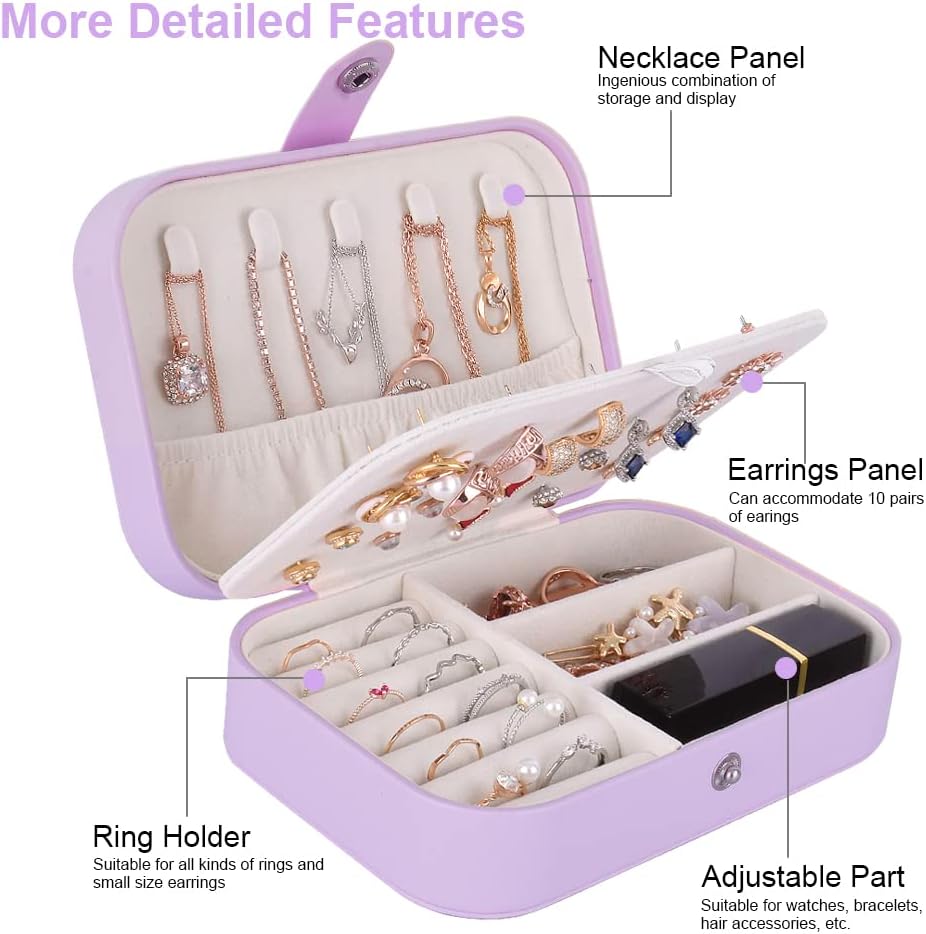 jiemei Jewelry Box, Travel Jewelry Organizer Cases with Doubel Layer for Women’s Necklace Earrings Rings and Travel Accessories (Purple)