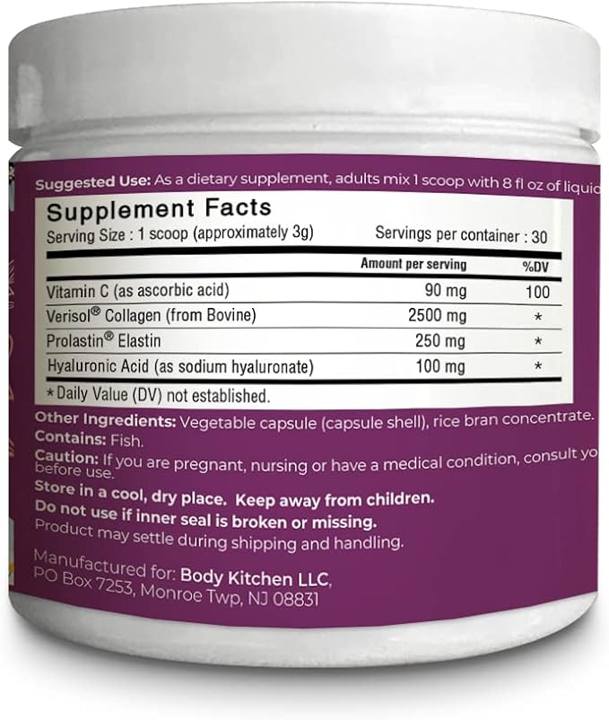 Body Kitchen Collagen + 250 mg Elastin – Supports Skin Hydration, Elasticity & Healthy Aging, Unflavored Powder (30 Servings)