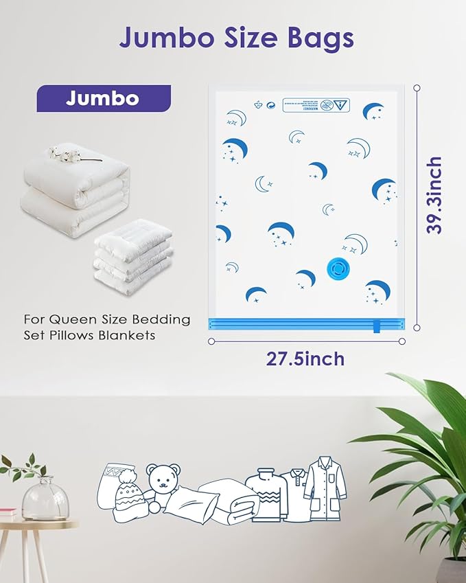 Vacuum Storage Bags with Rechargeable Pump,12 Pack Jumbo Size (39.3"x27.5") Vacuum Sealed Space Save Bag with 1500mAh Pump for Clothes, Blanket, Duvets, Pillows, Comforters, Quilt, Travel, Moving