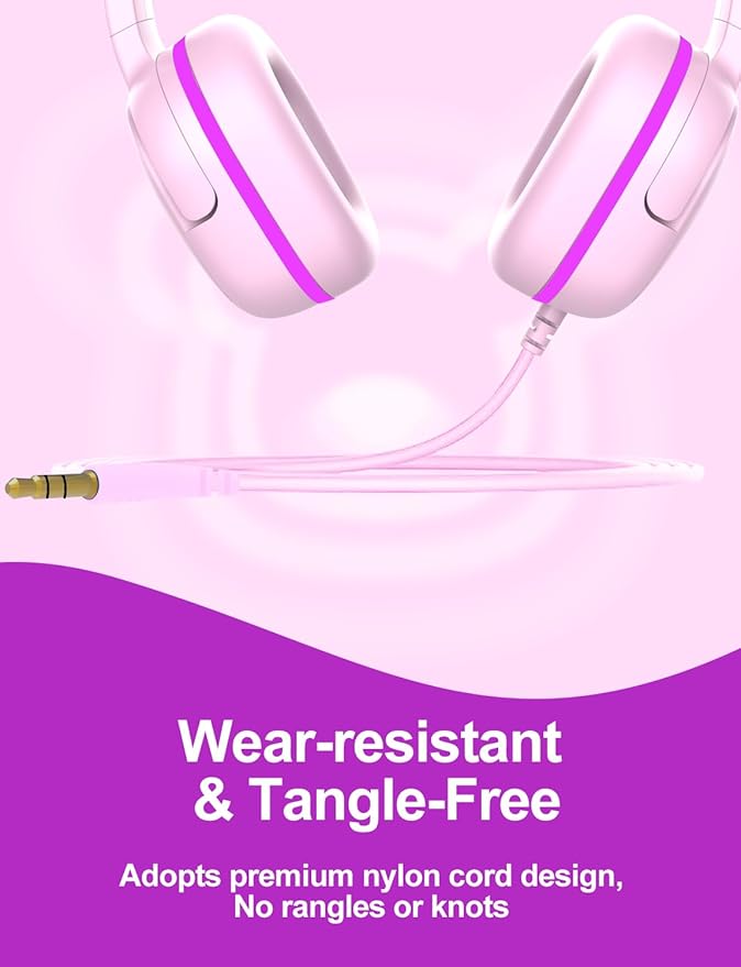 Kids Headphones for School, 3.5mm Jack Wired Headphones for Kids with Safe Volume Limiter, HD Stereo Sound On-Ear Girls Boys Toddler Headphone for Tablet, iPad, Kindle(Pink)