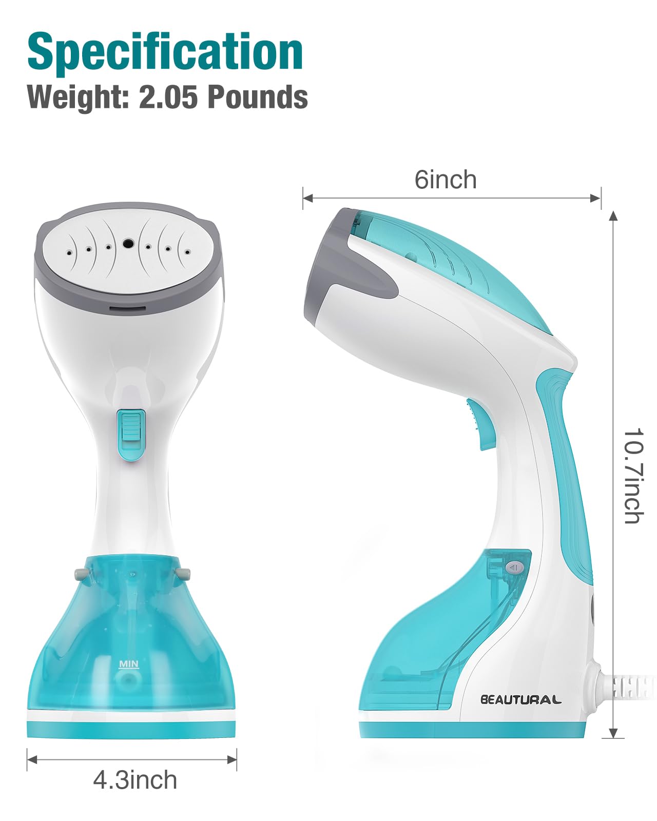 BEAUTURAL Steamer for Clothes, Portable Handheld Garment Fabric Wrinkles Remover, 30-Second Fast Heat-up, Auto-Off, Large Detachable Water Tank