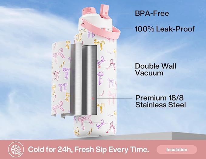 40 oz Insulated Water Bottle with 2-in-1 Straw and Spout Lid, Keep Cold 24H, Leak-Proof, BPA-Free, Double Wall Stainless Steel Water Bottle for Sports, Gym, Travel, and School (Ribbon Whimsy)