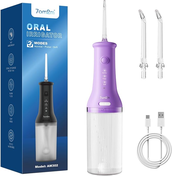 7AM2M Portable Water Flosser Cordless, Water Flosser for Teeth with 3 Modes and 2 Jet Tips, USB C Rechargeable, IPX7 Waterproof, Dental Water Flosser for Travel and Home Use (Purple)