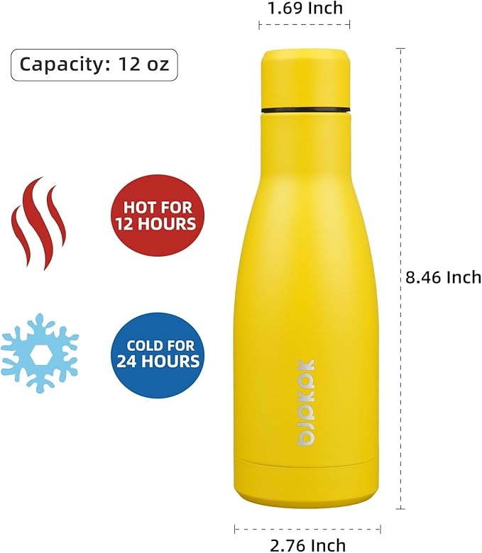 BJPKPK 12oz Water Bottles Stainless Steel Double Wall Vacuum Insulated Small Water Bottles for Travel,Yellow