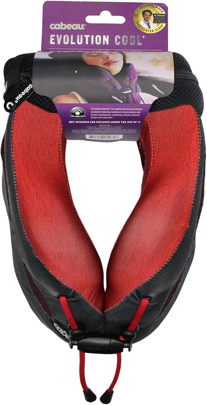 Cabeau Long Haul Flight Cooling Travel Neck Pillow – Evolution Cool – Supportive Memory Foam with Airflow Vents – Compact with Carrying Case (Red)