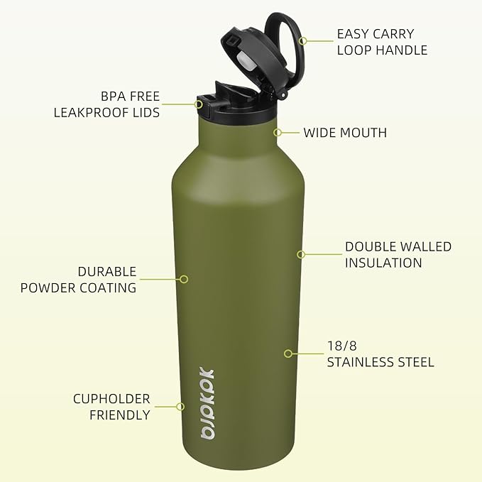 BJPKPK Insulated Water Bottle With Straw 25oz Stainless Steel Water Bottles With 2 Lids And Carry Handle Reusable Travel Metal Thermo,Olive Green