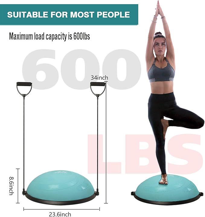 JX FITNESS 58cm Balance Half Ball Trainer, Stability Exercise Yoga Half Ball with Resistance Bands & Pump - Improve Core and Ab Strength with Full Body Home Gym Workouts Or Fitness Training