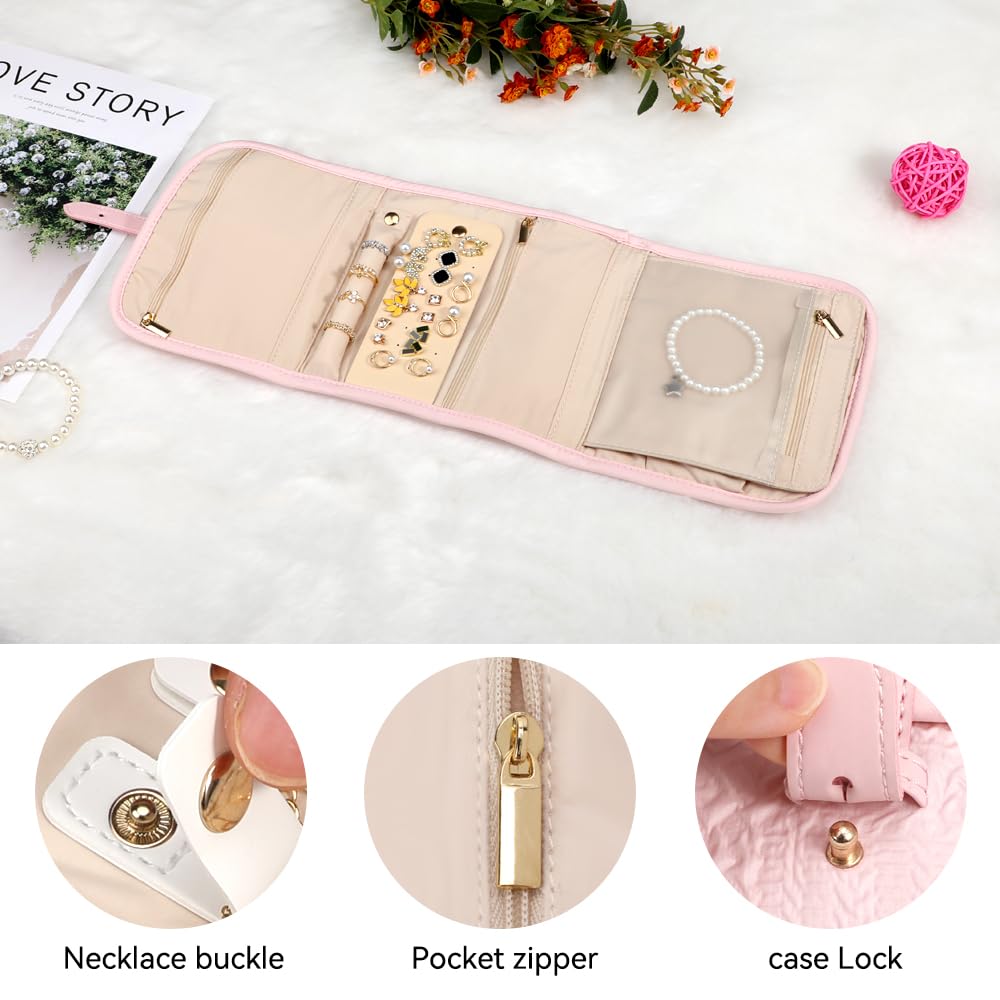 Voova Travel Jewelry Holder Organizer Case, Small Jewelry Storage Bag for Women Girls, Foldable Traveling Jewellery Pouch Roll for Necklaces Rings Earrings Bracelets, Mini, Light Pink