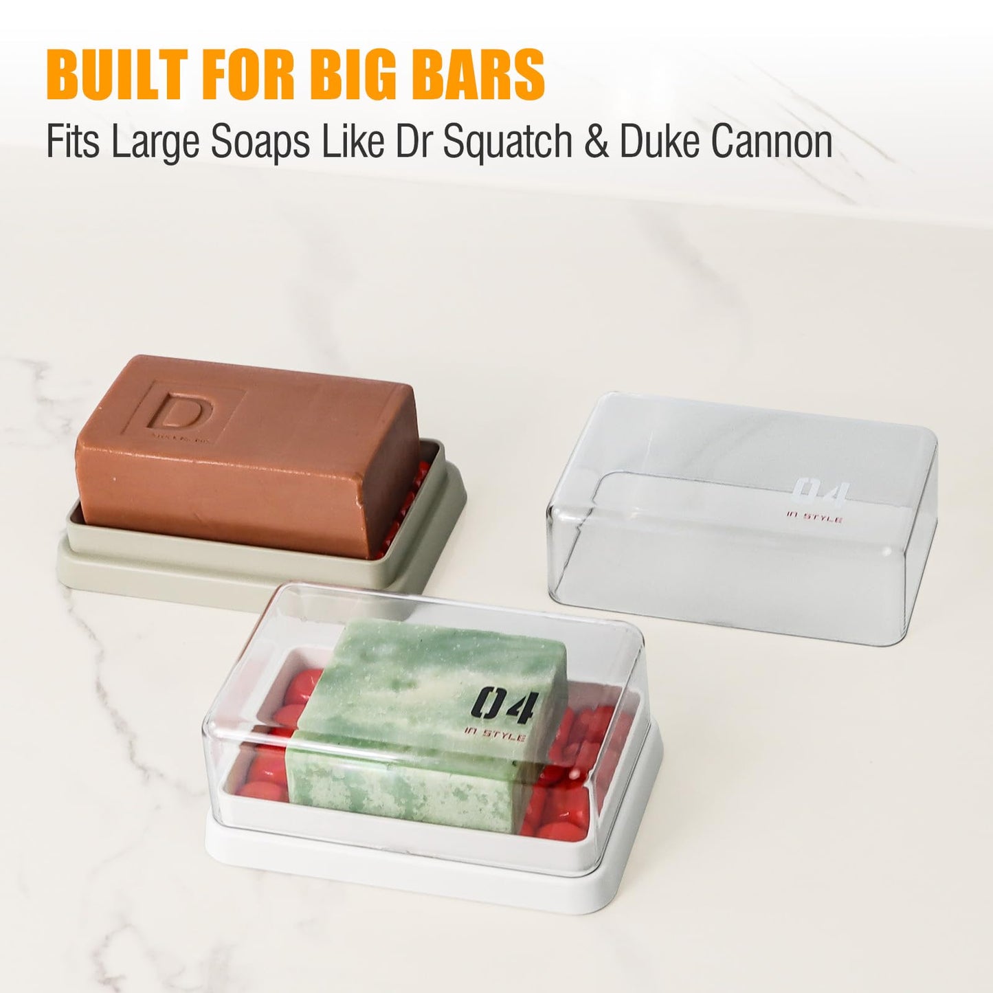 AIMAIAIMAI Minimalist Shampoo Bar Holder with Drain Tray, Compatible with Dr Squatch & Duke Cannon Large Soap, Double Layer Clear Solid Shampoo Bar Container with Lid