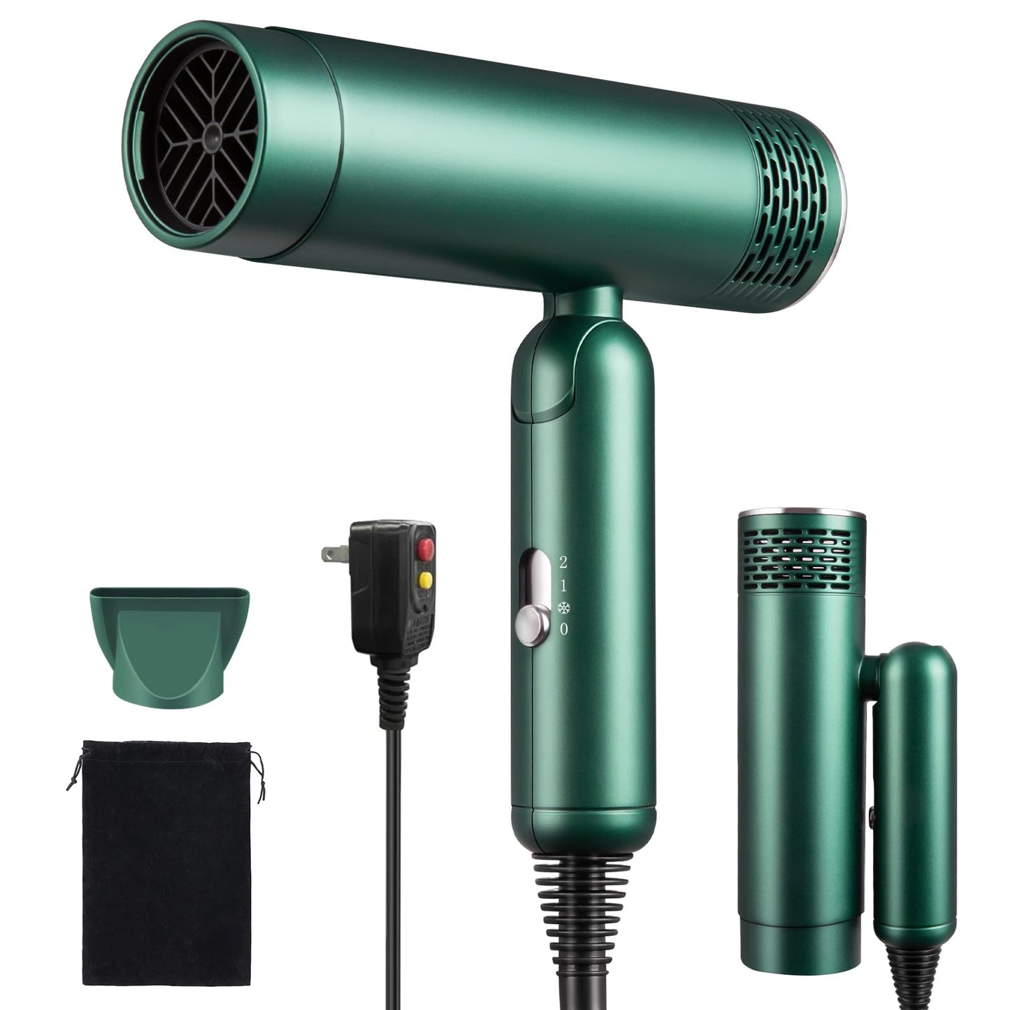 MattTravel Foldable Hair Dryer, Fast Drying Ionic Blow Dryer, Travel Hair Blow Dryer with Removable Nozzle and Storage Bag, Lightweight Portable Hairdryer for Women, Green