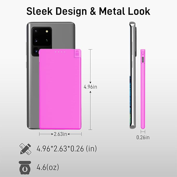 Auskang Pink USB-C Portable Charger with Built in Cable-5000mAh Slim Power Bank Compatible with iPhone16 15 Series/Samsung/Google Pixel/Android Phones etc-Thin Battery Pack for Outdoor Travel