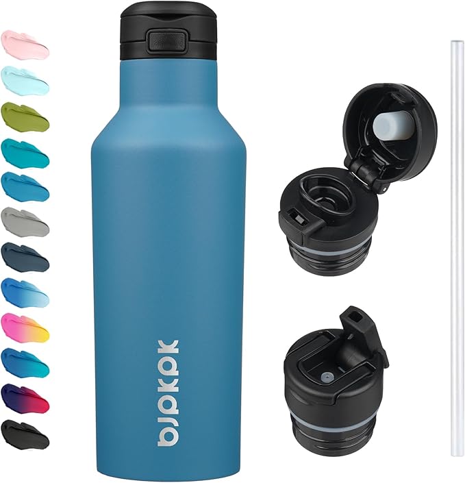 BJPKPK Insulated Water Bottle With Straw 17oz Stainless Steel Water Bottles With 2 Lids And Carry Handle Reusable Travel Metal Thermo,Sea Blue