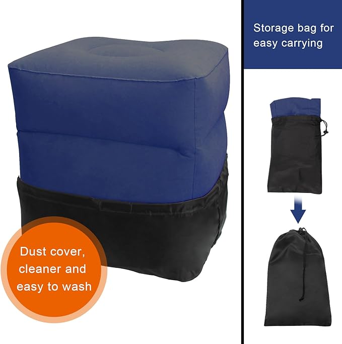 Travel Foot Rest Pillow, AHIER Inflatable Travel Leg Rest Pillow Bed for Foot Rest on Airplanes, Cars, Trains, Office to Rest on Long Flights (Deep Blue)