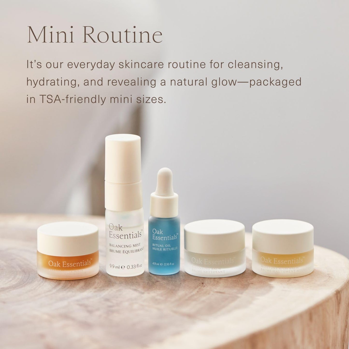 Oak Essentials Mini Routine | Clean Hydrating Travel-Size Set with Cleanser, Mask, Balm, Oil & Toner