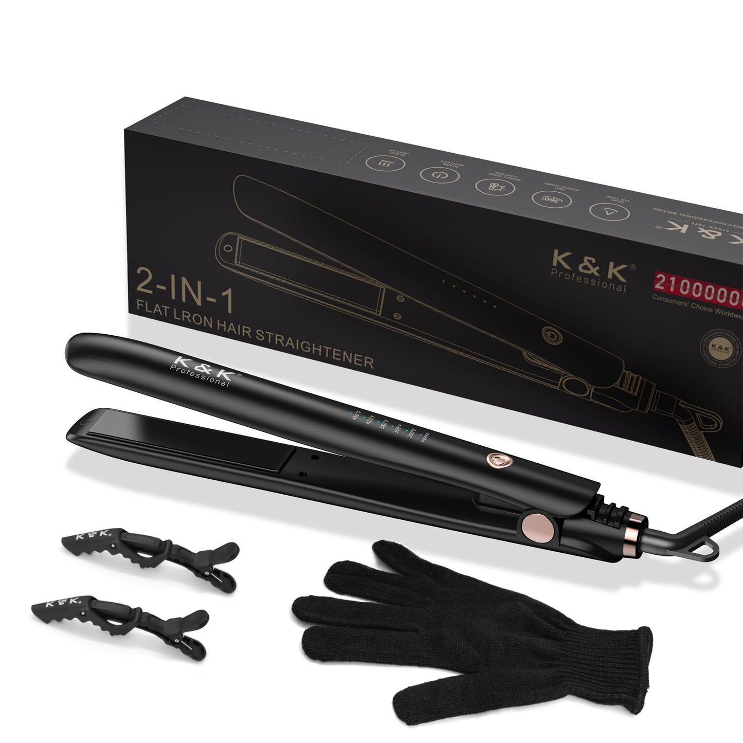 K&K 1 inch Flat Iron 2 in 1 Curler Tourmaline Titanium Hair Straightener 1 inch Plate 4D 360°Swivel LED Display for Woman Short Hair Adjustable Temperature Dual Voltage 110v-220v Auto Shut Off