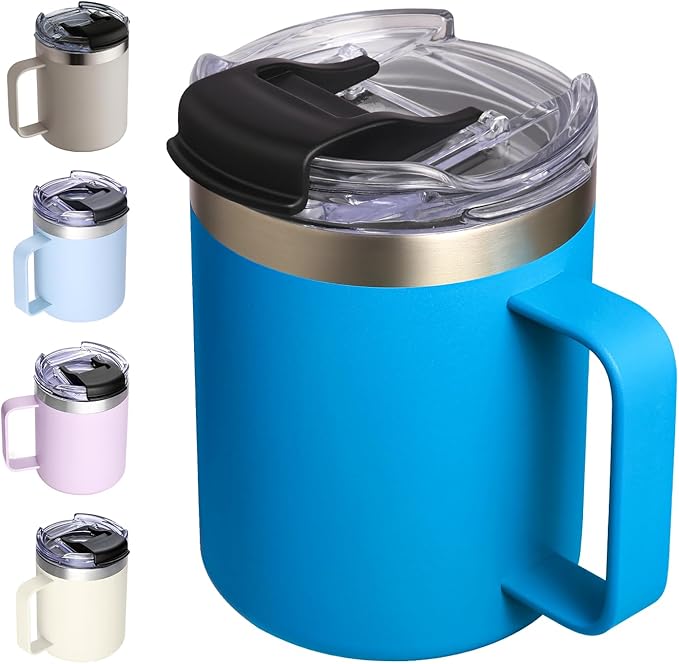 ALOUFEA 12oz Insulated Coffee Mug Cup with Handle, Stainless Steel Travel Coffee Mug with Flip Lid, Double Wall Vacuum Coffee Tumbler,Sky Blue