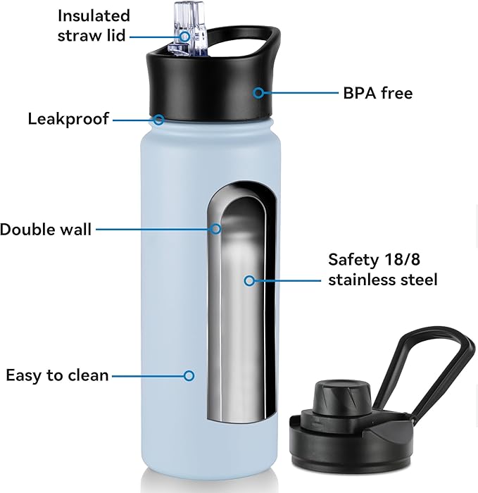 16 oz Insulated Water Bottle with Straw Lids, Stainless Steel Kids Water Bottles for School, Double Wall Vacuum Metal Water Bottle with Straw & Wide Mouth Lid, Light Blue 1 Pack