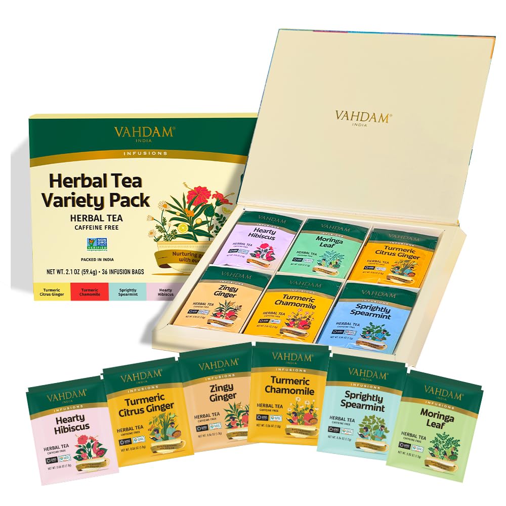 VAHDAM, Herbal Tea Sampler (36 Tea Bags, 6 Flavors) Caffeine-Free, Non-GMO | Assorted Tea Sampler - Turmeric Citrus Ginger, Turmeric Chamomile, Hibiscus, Moringa, Spearmint, Ginger | Gifts for Him/Her