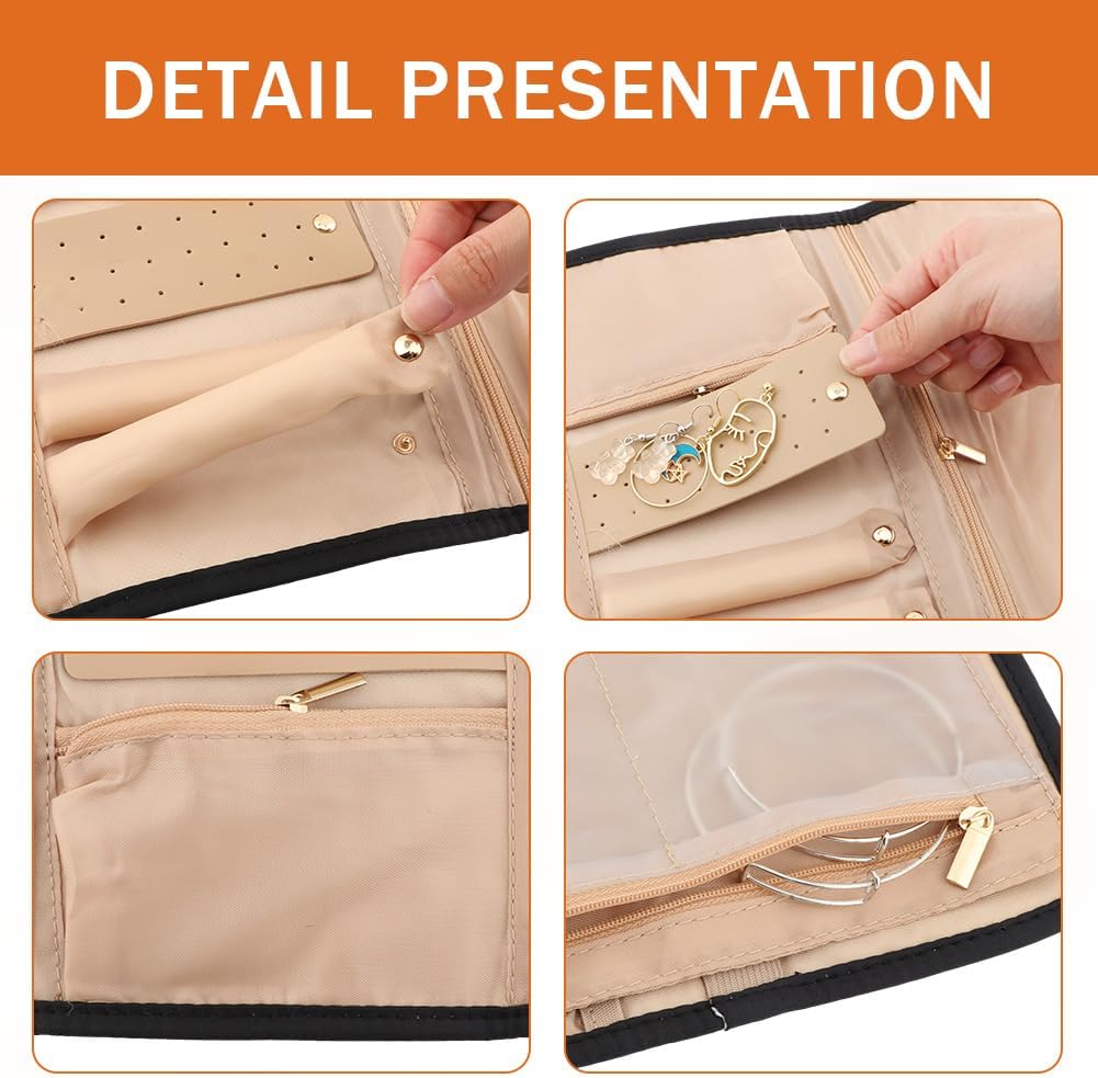 Parthan Travel Jewelry Organizer Case, Foldable Jewelry Storage Roll with 50 pcs Transparent Self Sealing Bag for Store Necklaces Earrings Bracelets Rings, Travel Essentials Girls Gifts(Black)