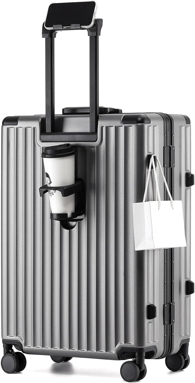 26 Inch Zipperless Checked Travel Luggage with Spinner Wheels,Aluminum Frame Hard Shell Front Pocket Suitcase with Compartment TSA Approved USB Port,Cup & Phone Holder for Women Men,Grey