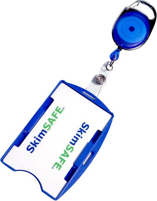 5 Pack - RFID Blocking Badge Holder with Retractable Carabiner Clip Badge Reel - Dual Sided - SkimSAFE Skimming Protection - 2 Card Shield for 13.56MHz Radio Signal by Specialist ID (Royal Blue)