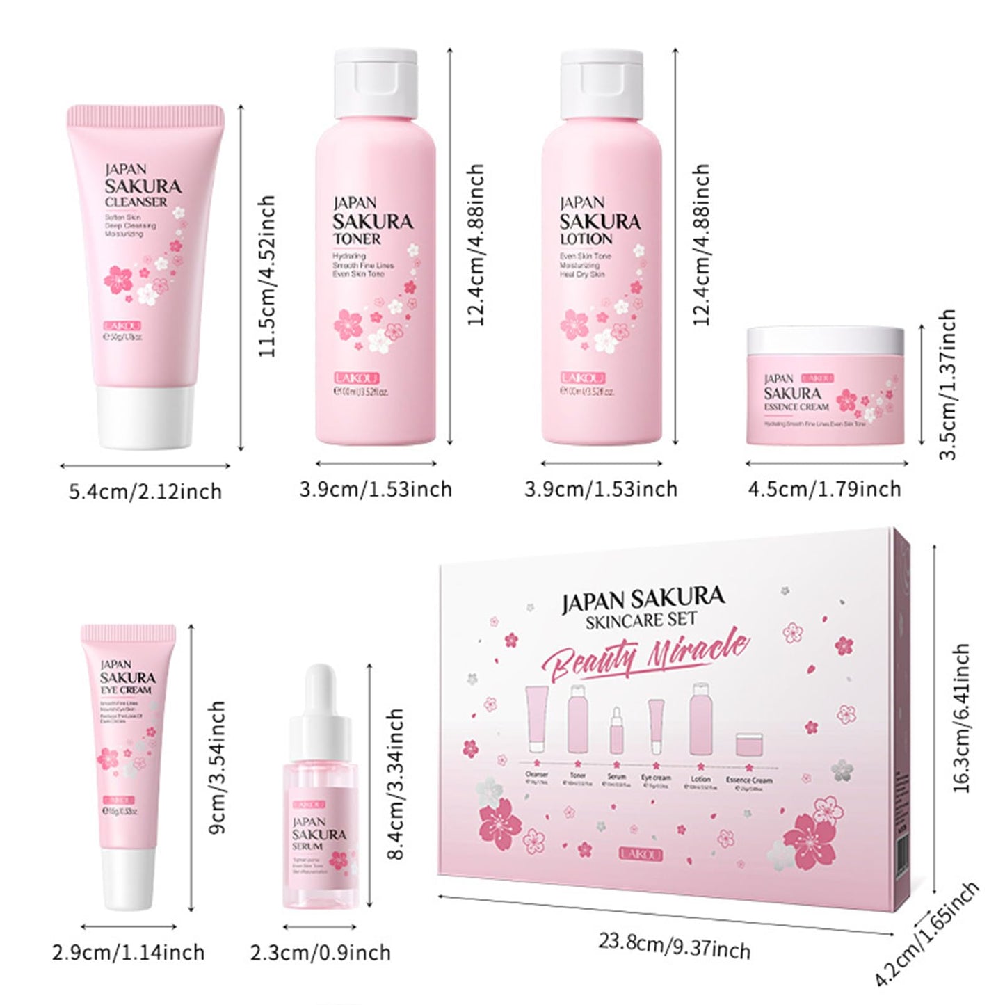 6 Pcs Skin Care Sets JAPAN SAKURA Women Beauty Gift Sets Sakura Skin Care Kit with Cleanser, Toner, Serum, Eye Cream, Lotion, Essence Cream Travel Kit for Women Teen Girls