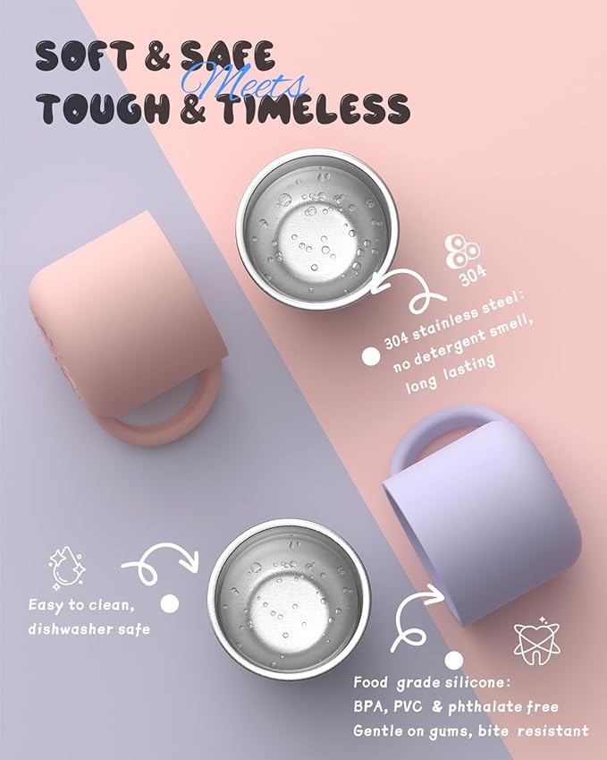 2-IN-1 Open Toddler Cups, Stainless Steel Baby Cup + Silicone Training Cup for Toddlers Kids Babys Drinking Water, No Plastic | No Soap Smell | Shock-Proof, 2-Pack Blush/Lilac