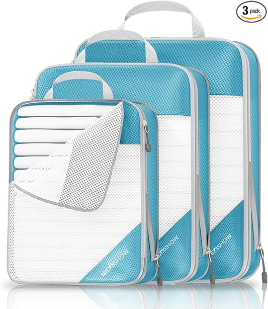 Compression Packing Cubes 3 Set, Compressible Space-Saving Packing Cubes for Travel - Compression Bags, Luggage Organizer, Travel Essentials for Women, Teal
