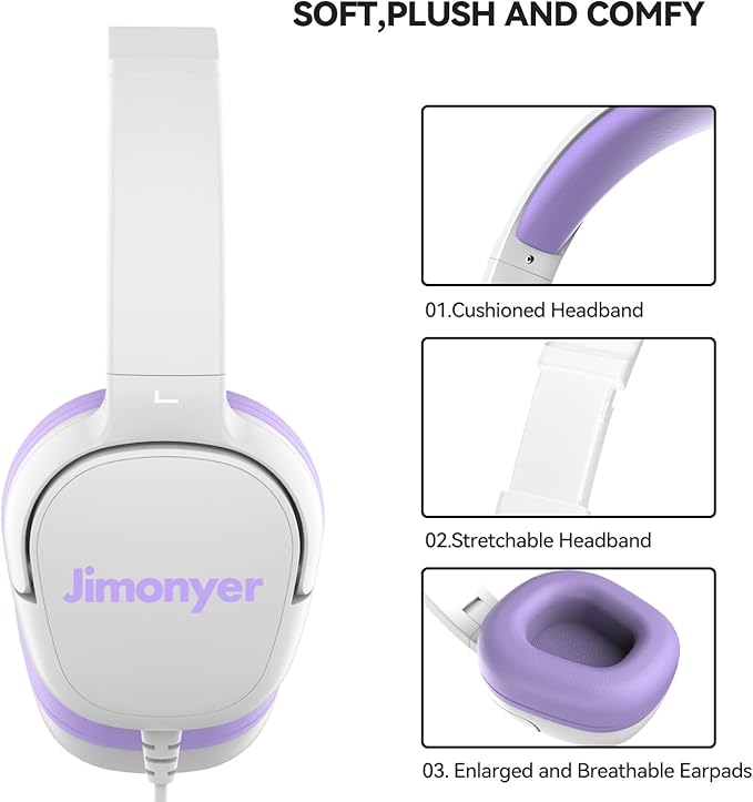 Kids Headphones for School, 3.5mm Jack Wired Headphones for Kids with Safe Volume Limiter, HD Stereo Sound On-Ear Girls Boys Toddler Headphone for Tablet, iPad, Kindle(WhitePurple)
