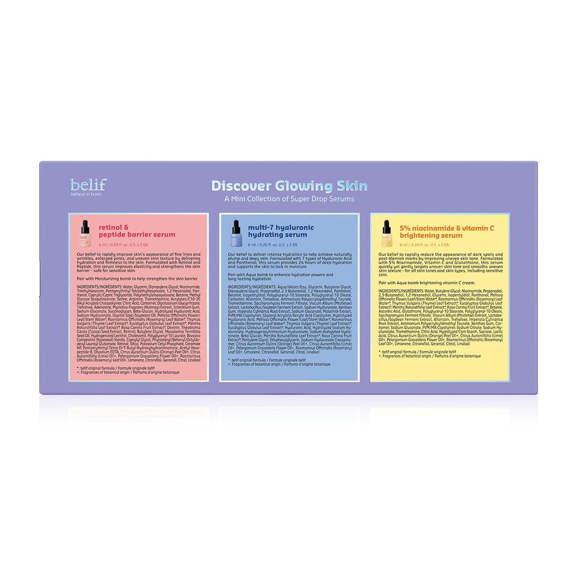 belif Discover Glowing Skin Mini Kit: Peptides Firming Serum, Multi7-Hyaluron Hydrating Serum, Vitamin C Serum, Super Drops Trial Set, Hyaluronic Acid, 5% Niacinamide, Retinol, Korean Skin Care